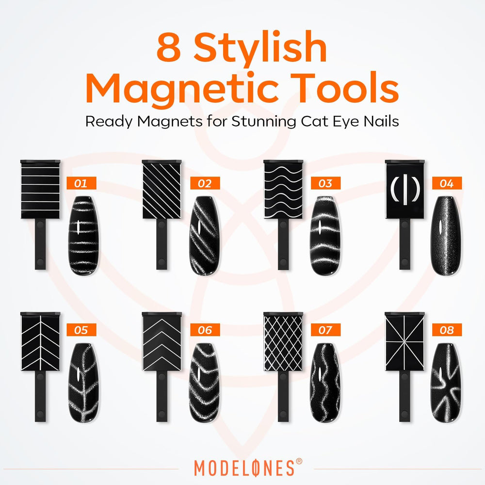 Modelones efecto ojo-de-gato para uñas con detalle romántico.