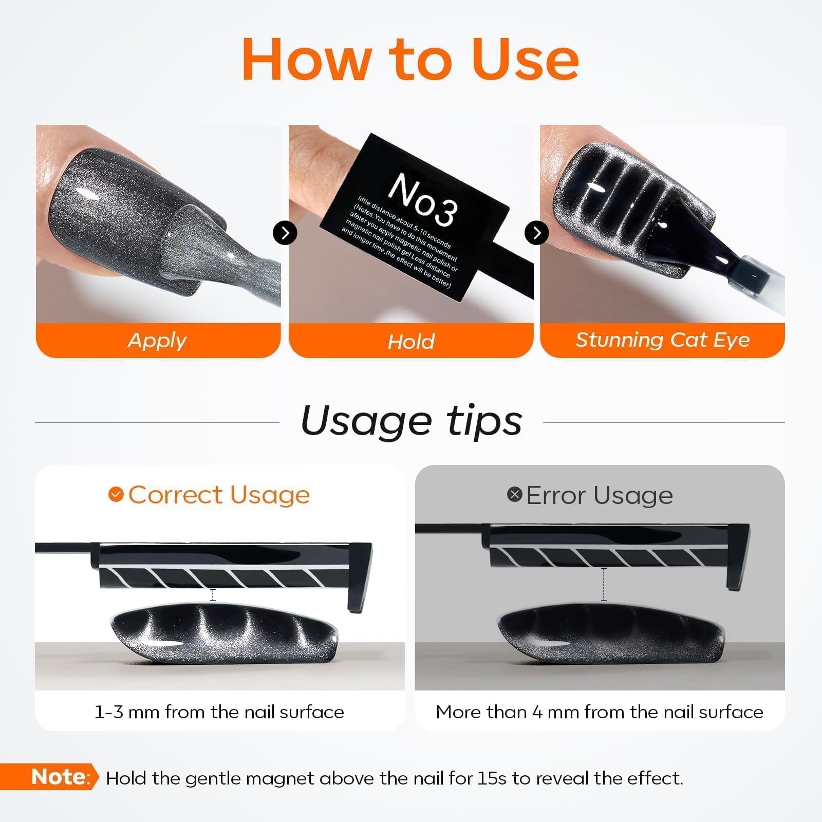 Modelones efecto ojo-de-gato en uñas imán para brillos consistentes.