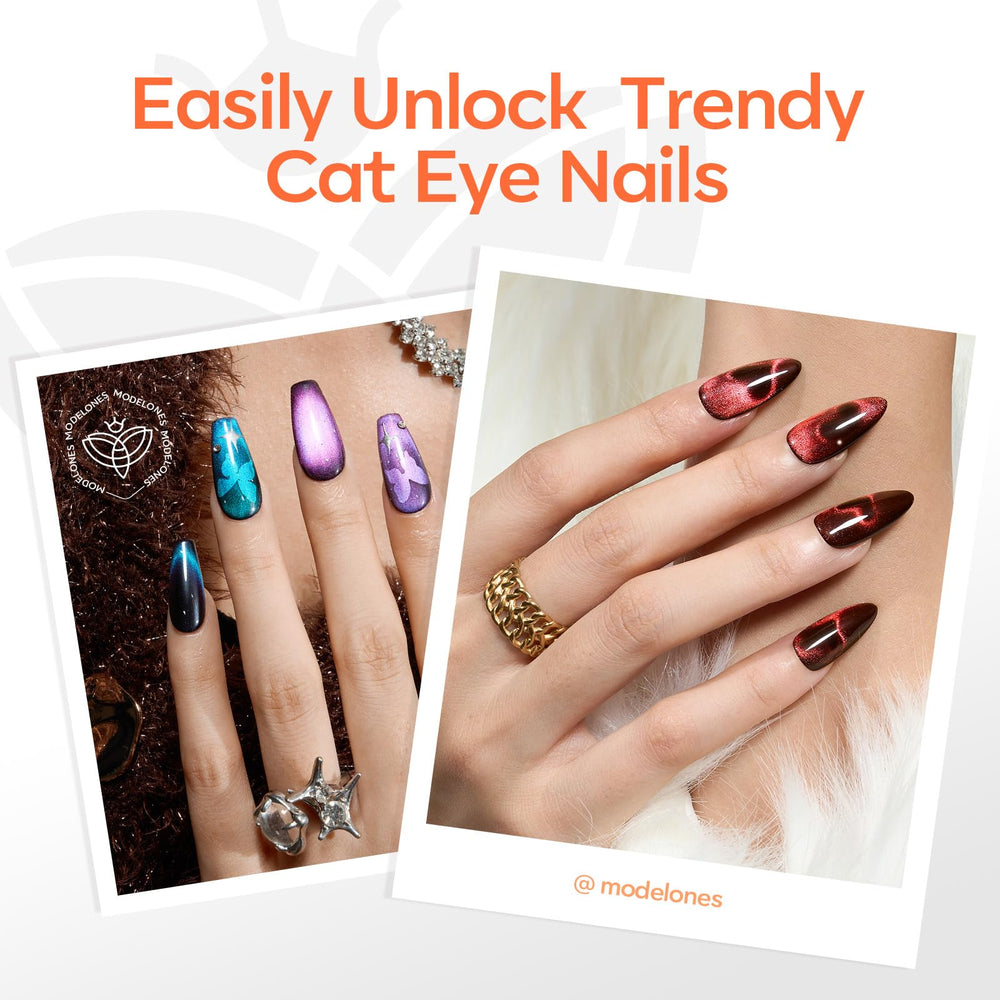 Modelones efecto ojo-gato glamoroso para uñas elegantes.