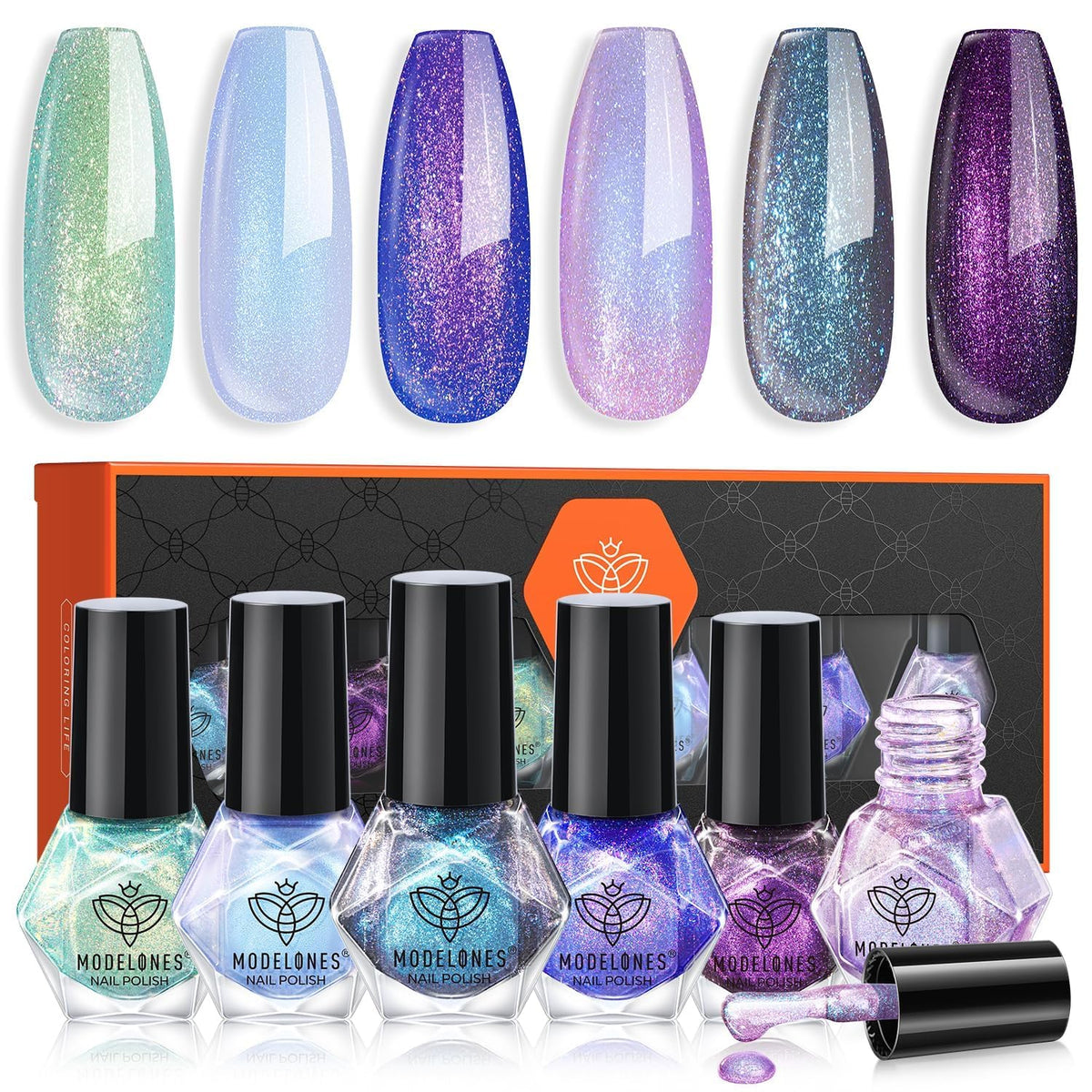 Modelones Chameleon: set de 6 esmaltes con brillo holográfico para uñas creativas