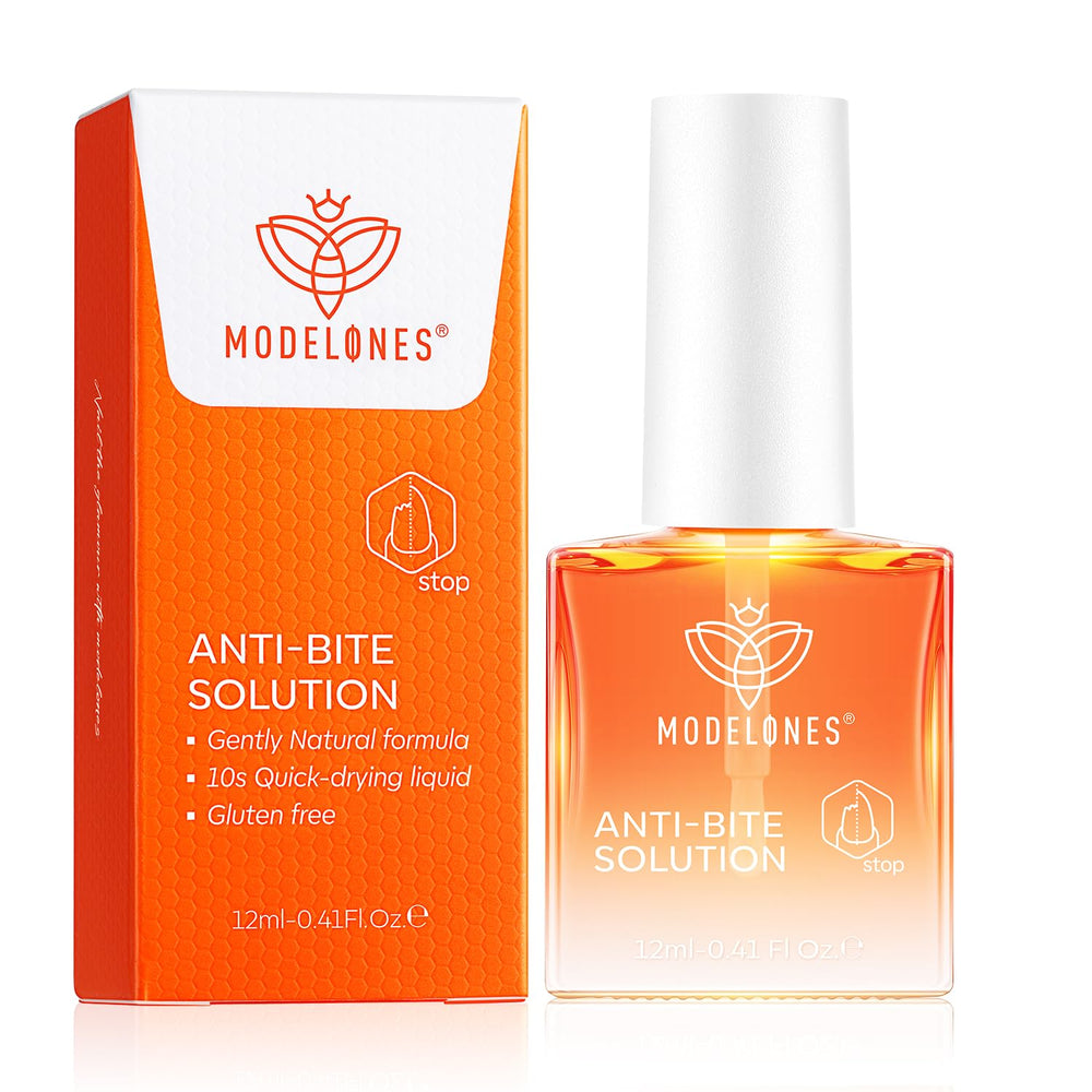 Modelones es esmalte deterrente para mordida de uñas, enfoque en el envase visible.