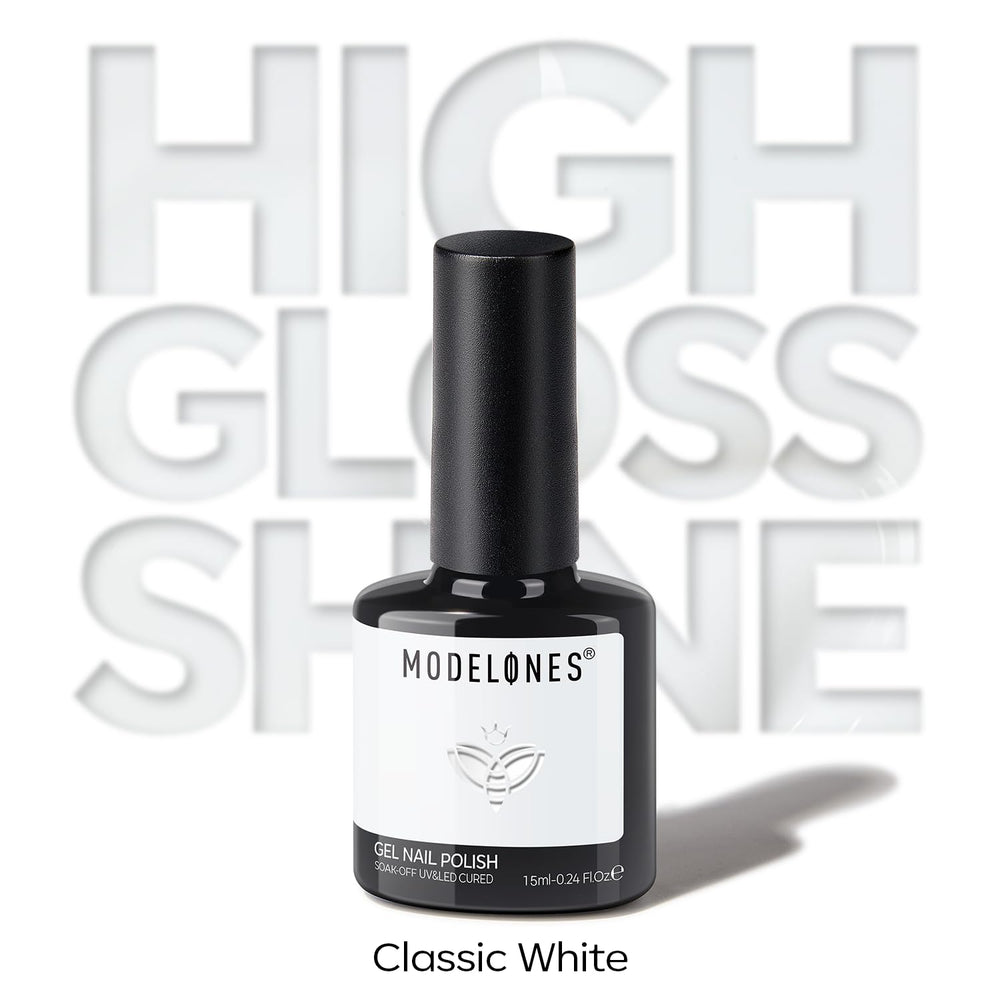 Modelones Esmalte gel blanco para fiestas, look limpio y sofisticado.