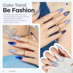 Modelones esmalte gel botellas azul oscuro con brillo sutil.