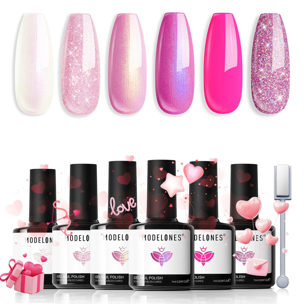 Modelones esmalte gel brillo rosa con seis colores para uñas en casa