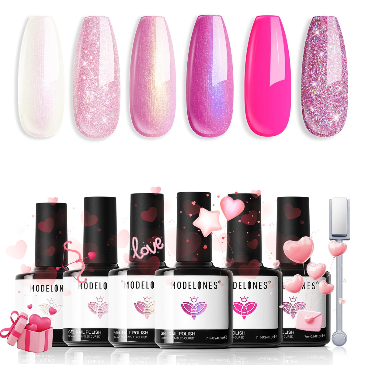 Modelones esmalte gel brillo rosa con seis colores para uñas en casa