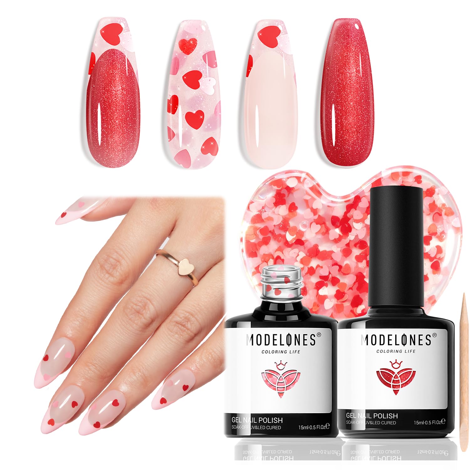 Modelones esmalte gel corazones San Valentín, conjunto de dos piezas para uñas brillantes