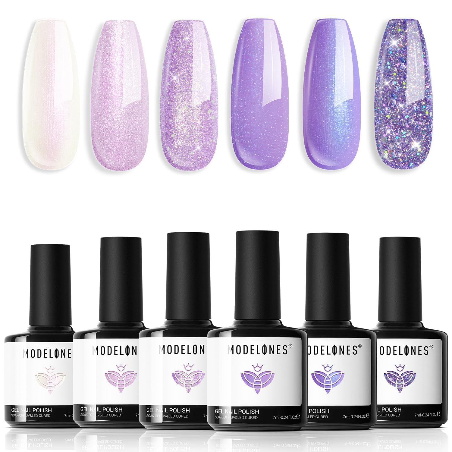 Modelones esmalte gel glitter morado, seis colores vibrantes para uñas.