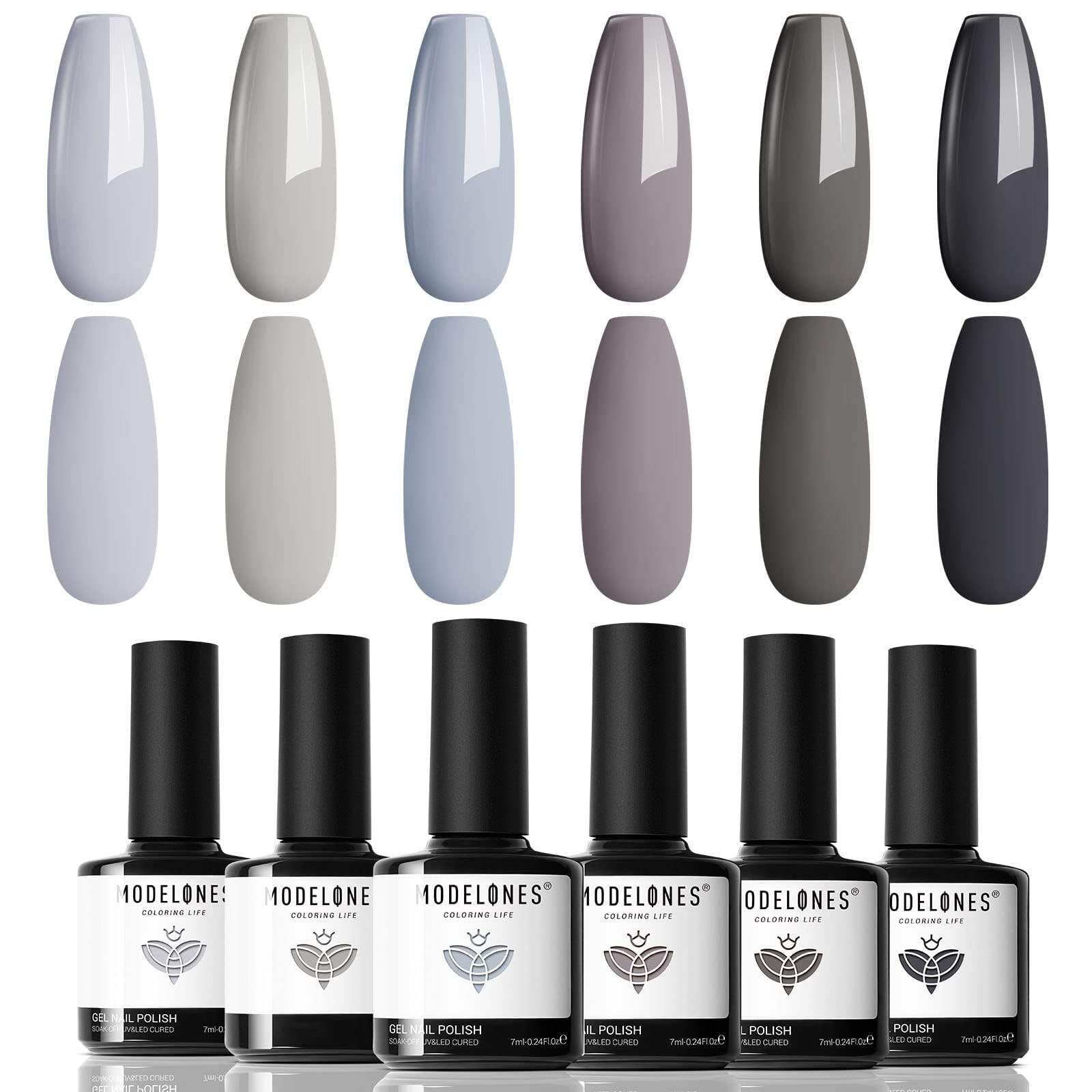 Modelones: caja regalo con 6 colores de esmalte gel gris para manicura duradera