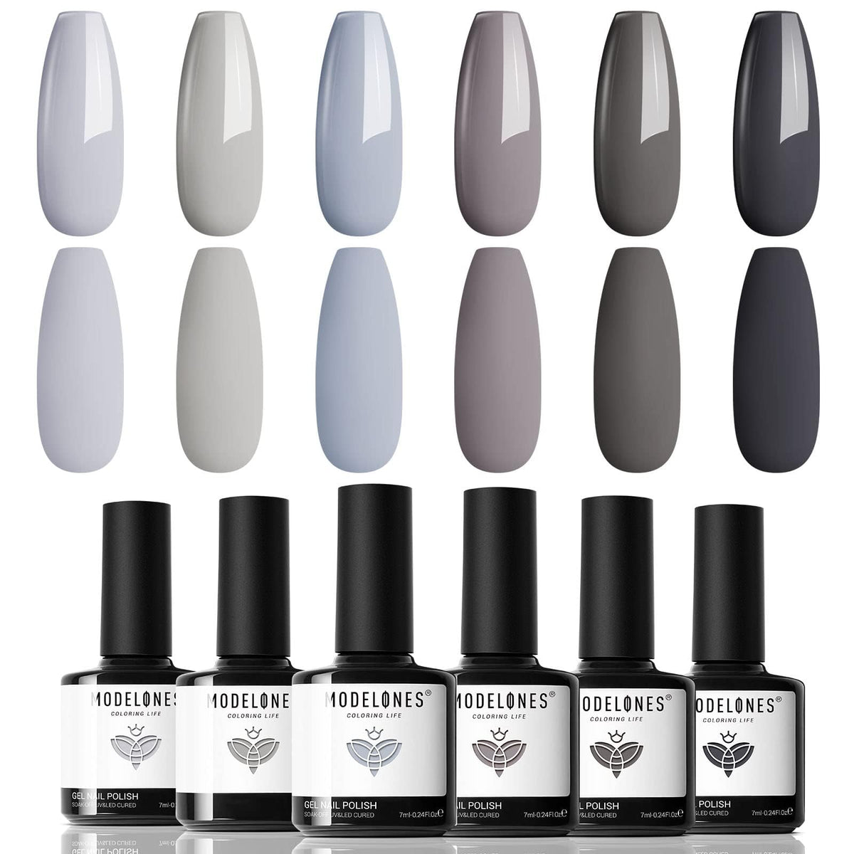 Modelones: caja regalo con 6 colores de esmalte gel gris para manicura duradera