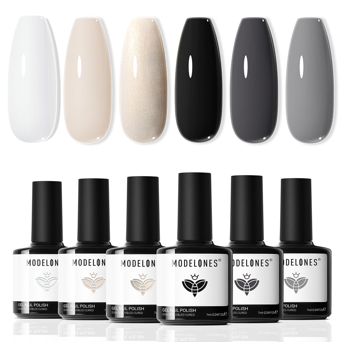 Modelones esmalte gel negro, botella visible, tono intenso para uñas de impacto.