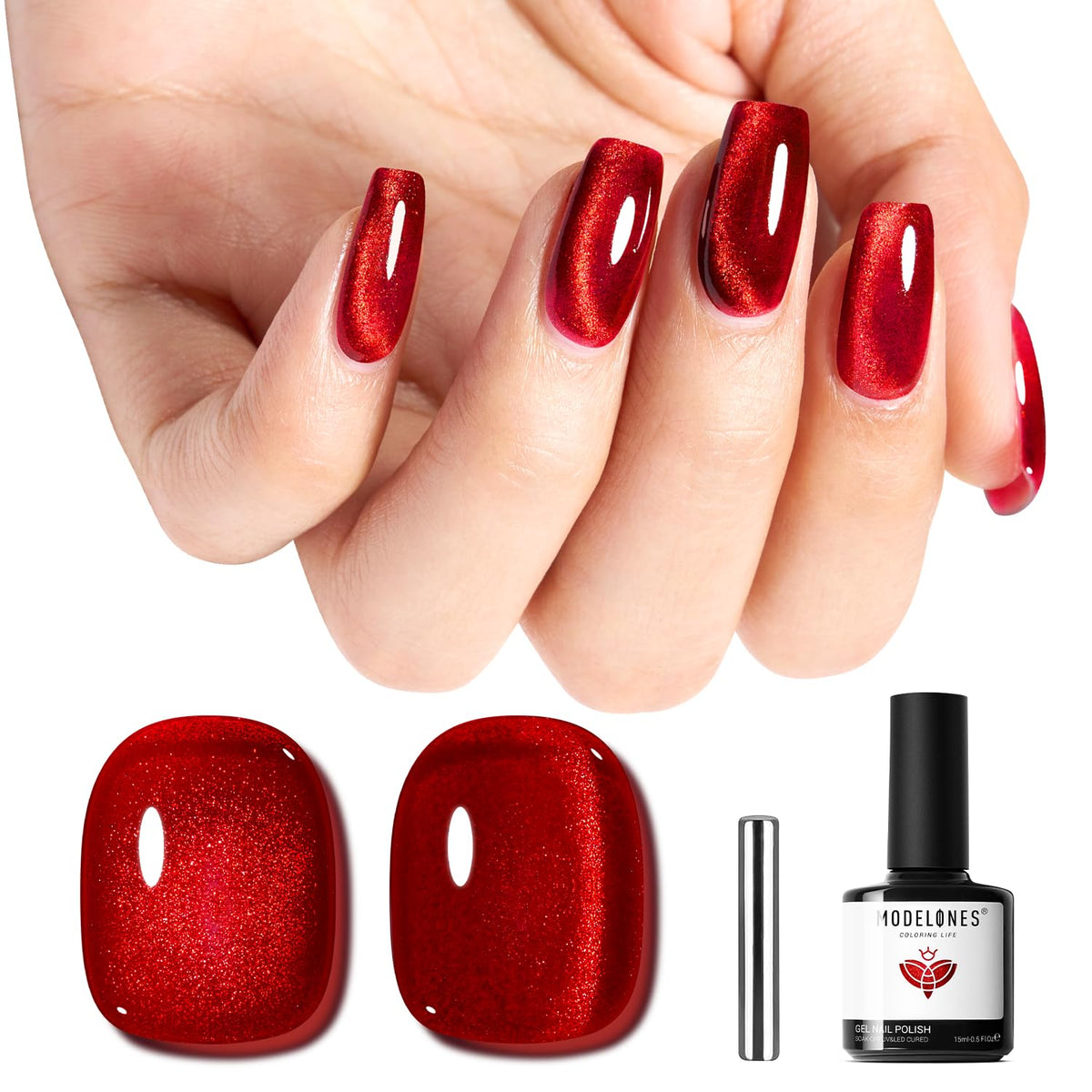 Modelones esmalte gel ojo-de-gato rojo magnético, ideal para un brillo llamativo.