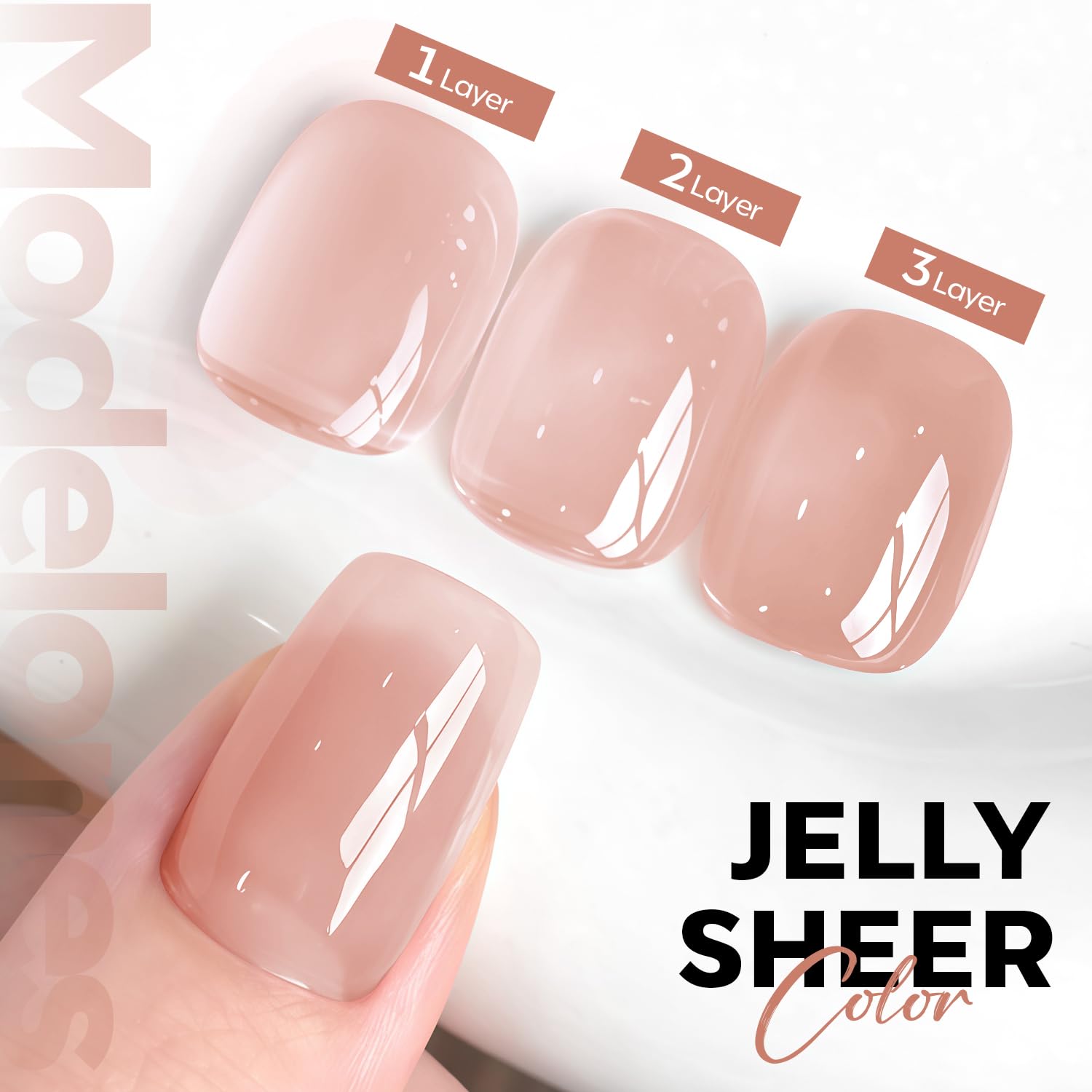 Modelones esmalte gel rosa natural, punta francesa para un acabado elegante.