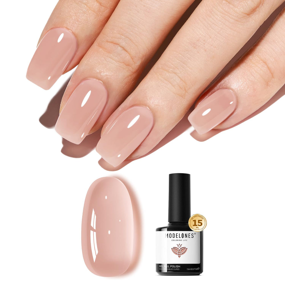 Modelones esmalte gel rosa natural translúcido en botella, acabado suave para uñas discretas.