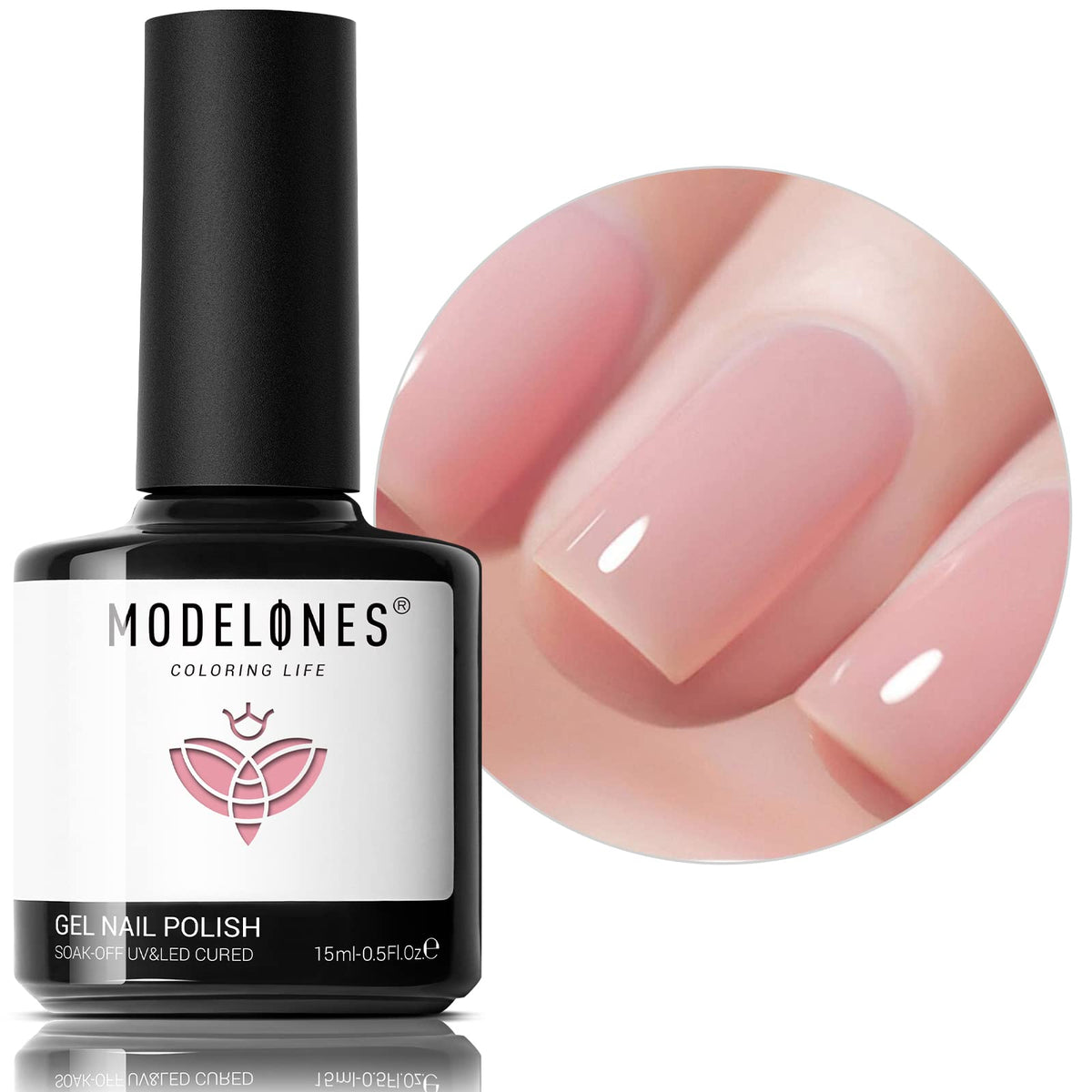 Modelones esmalte gel rosa transparente en botella, brillo suave
