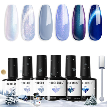Modelones esmalte gel seis colores azul invierno para uñas elegantes.