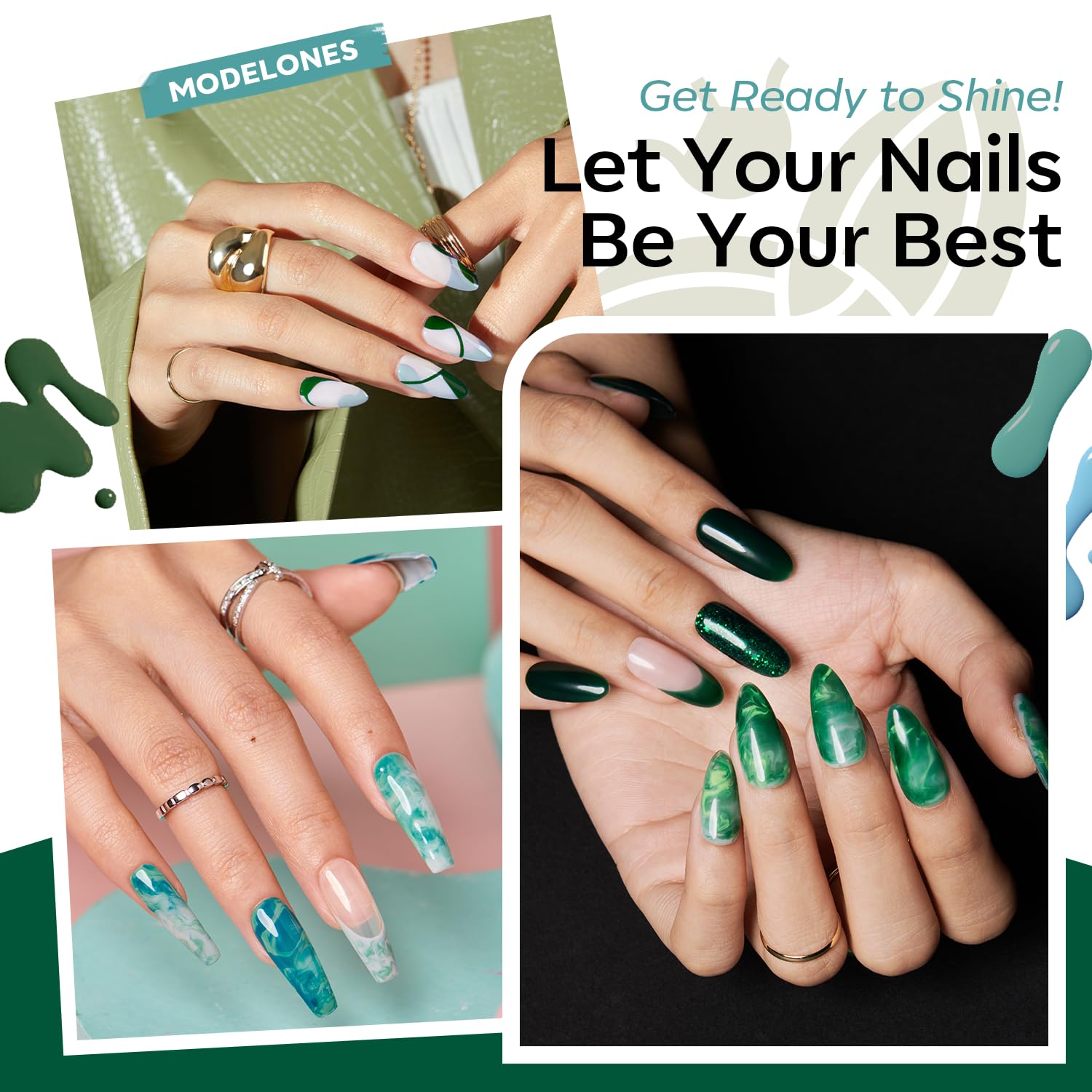 Modelones gel verde oscuro con brillo, efecto glitter para uñas llamativas