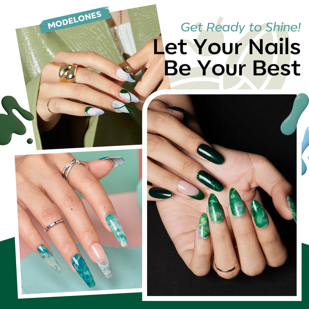 Modelones gel verde oscuro con brillo, efecto glitter para uñas llamativas