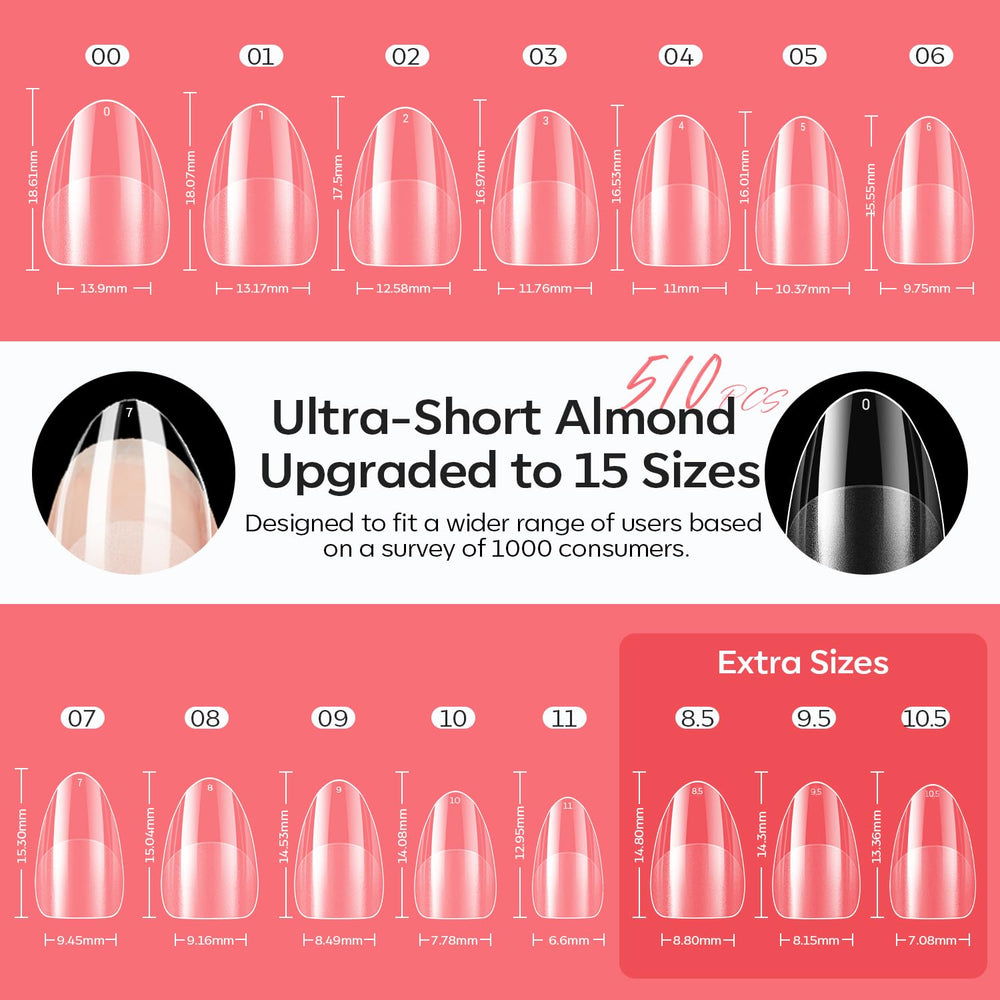 Modelones extensiones uñas almendra 15 tallas para ajuste preciso