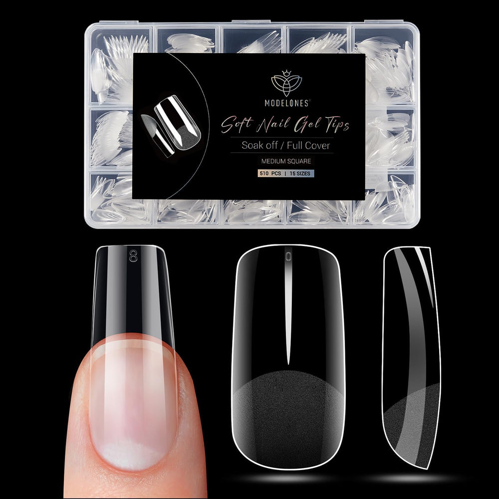 Extensiones de uñas Modelones, cuadradas con acabado mate para adherencia duradera.