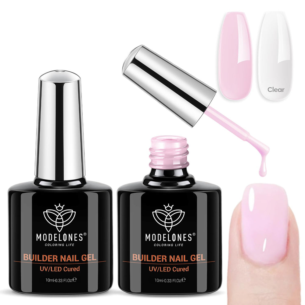 Modelones gel builder base transparente, base sólida para uñas limpias y duraderas.
