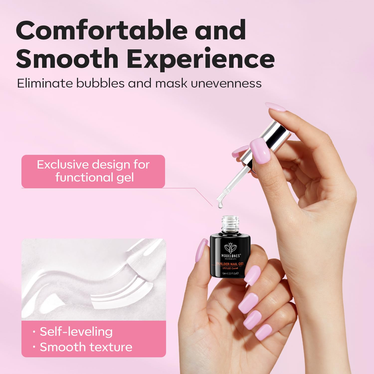 Modelones gel builder brillo satinado, acabado lustrante y profesional.