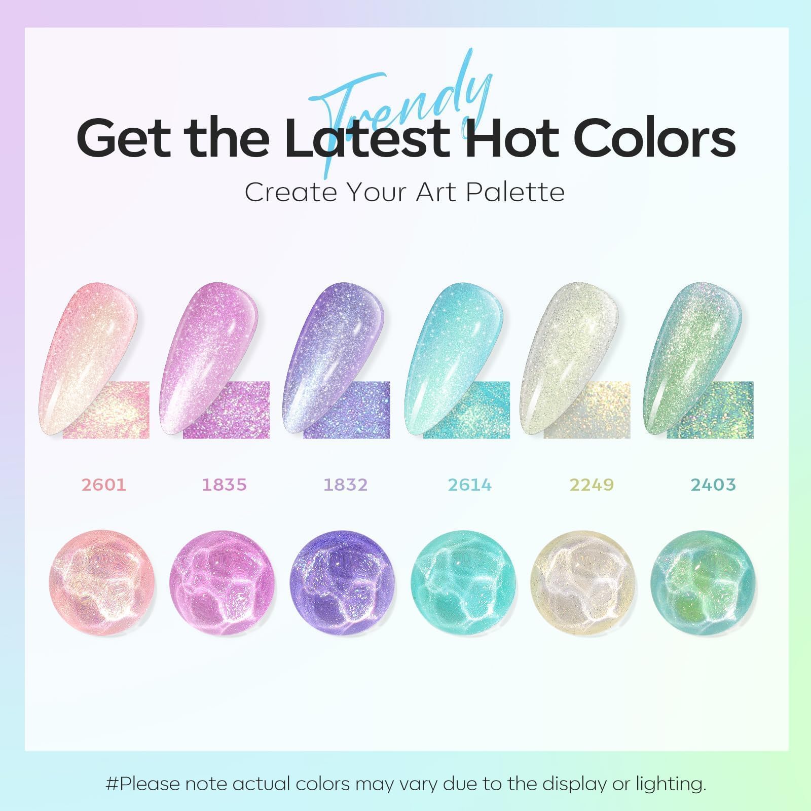 Modelones gel polish swatch palette highlights the six pastel tones for easy color choosing.