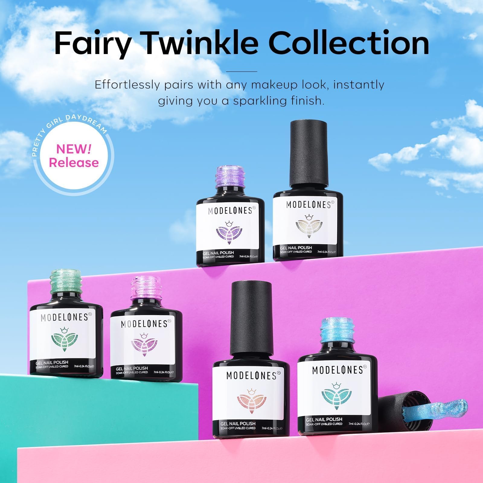 Modelones white glitter bottle adds bright, reflective accents to manicure.