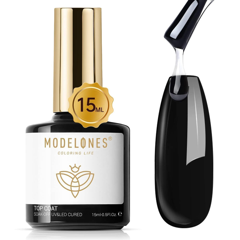 Modelones gel top coat brillo 15ml: brillo intenso y protección duradera para uñas.