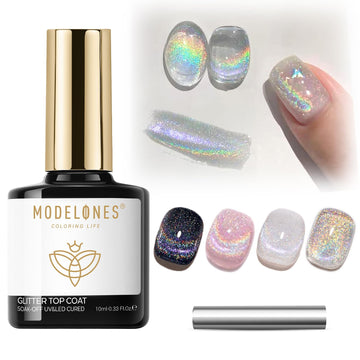 Modelones glitter 9D cat-eye brillo holográfico en uñas.