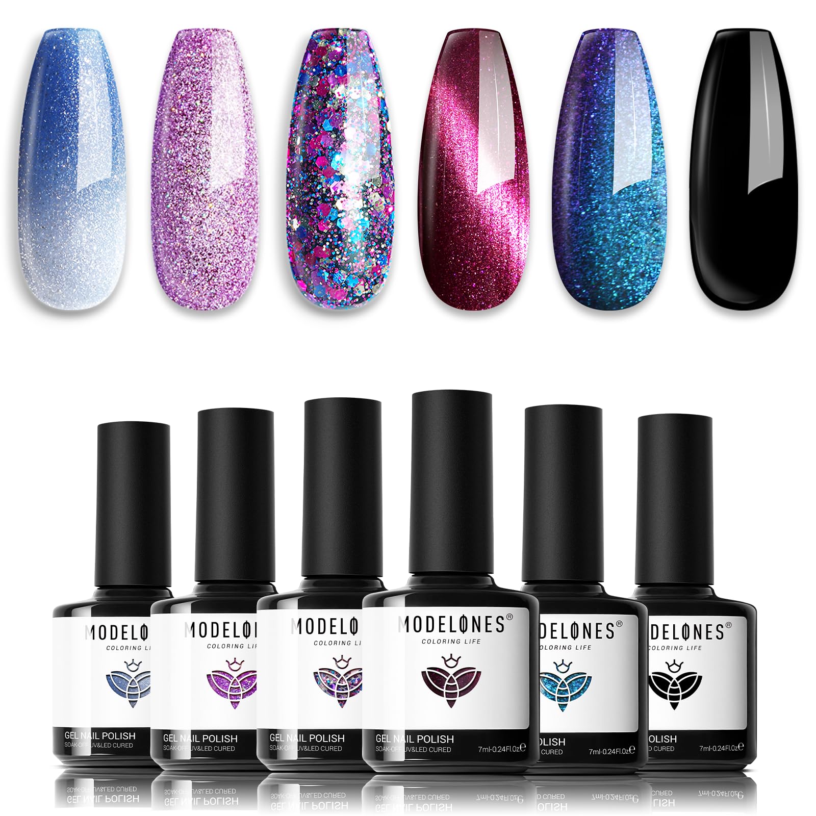 Modelones Glitter Azul cambia de color para manicura divertida en casa.