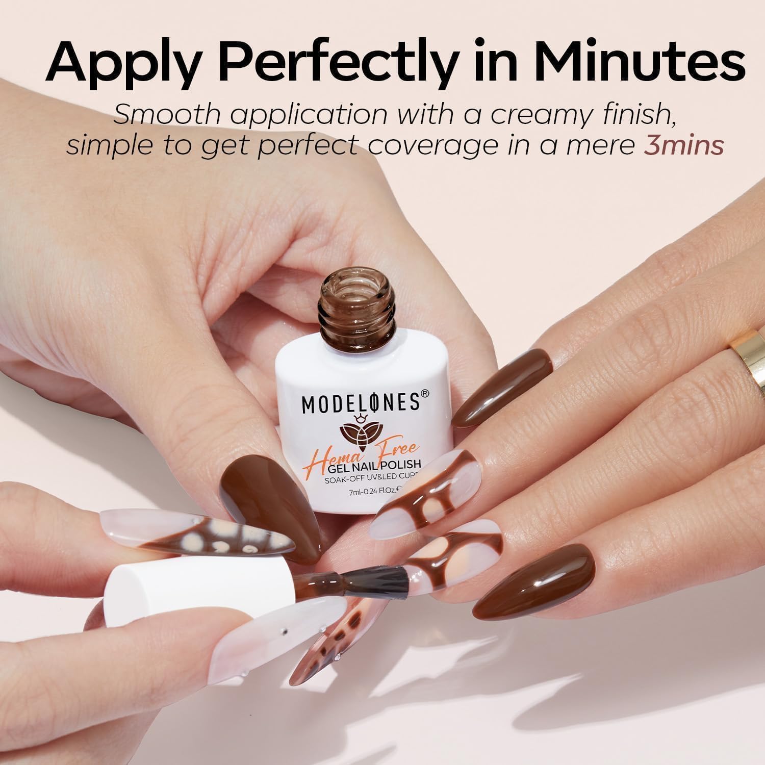 Modelones HEMA/TPO-free nude shade set supports gentle manicure.