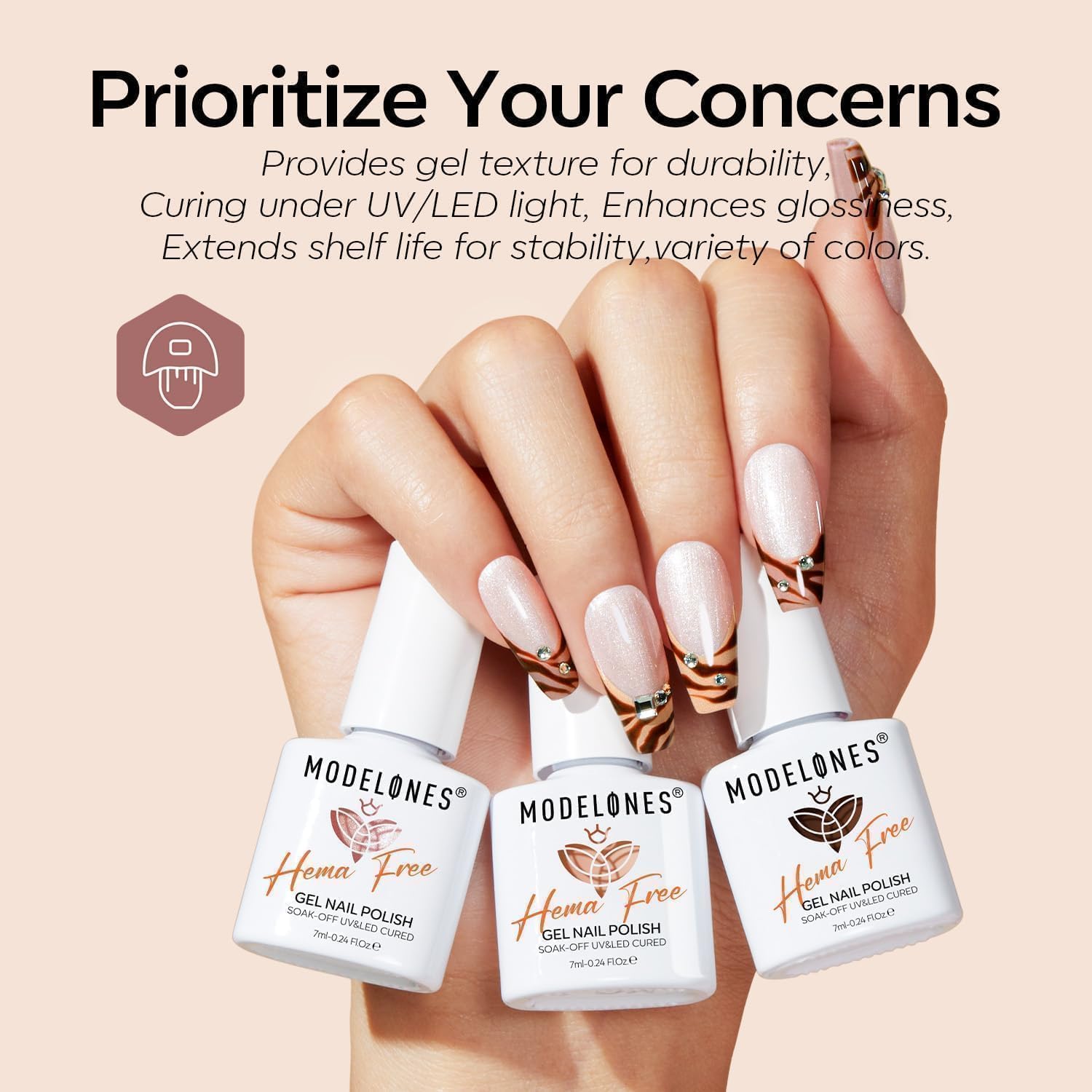 Modelones soak-off gel polish for easy removal and quick re-polishing.
