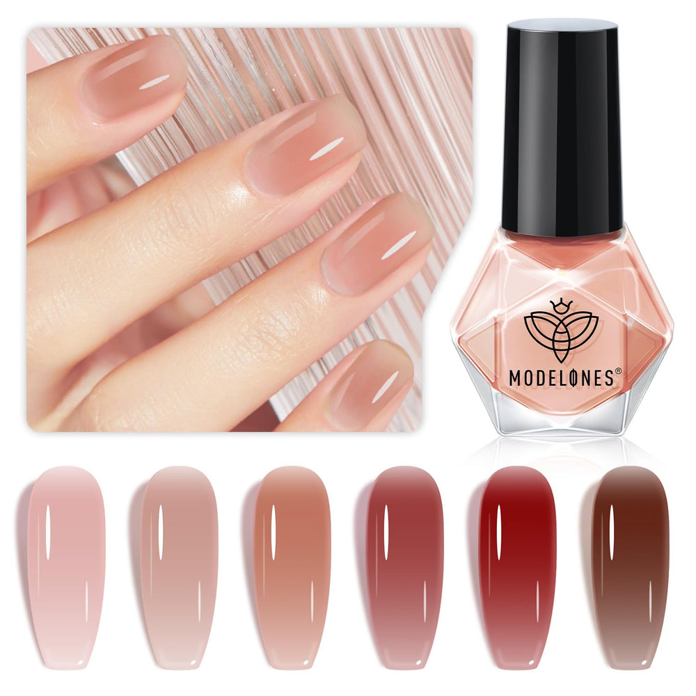 Modelones Jelly Nail Polish 6 colors bottles showcase vibrant jelly shades for quick-dry mani.