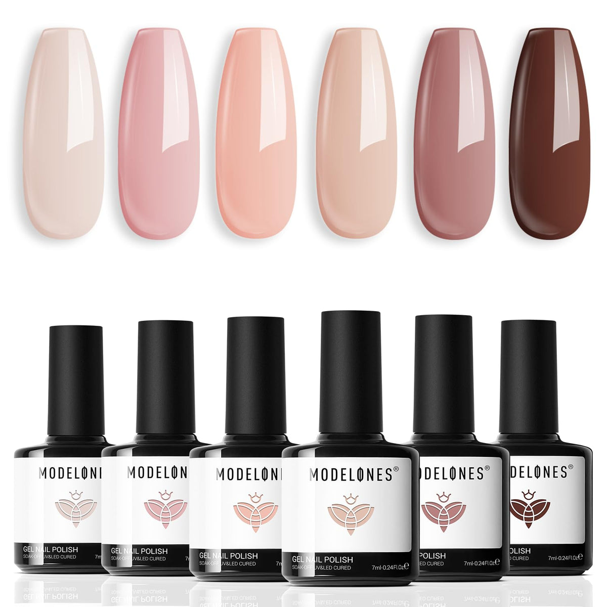 Modelones kit con 6 tonos nude pink para uñas duraderas en casa.