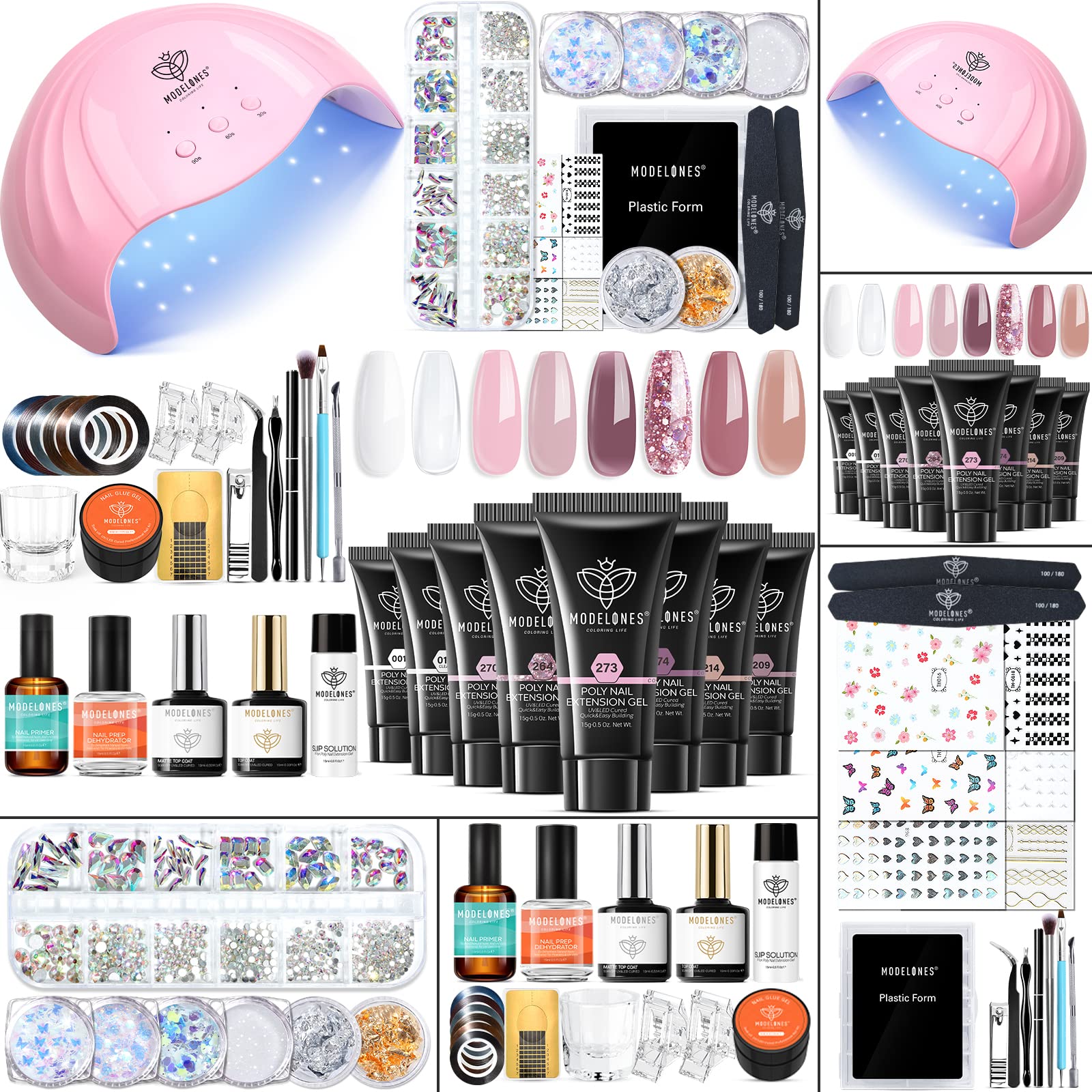 Modelones kit gel poligel con ocho colores rosados para uñas duraderas.