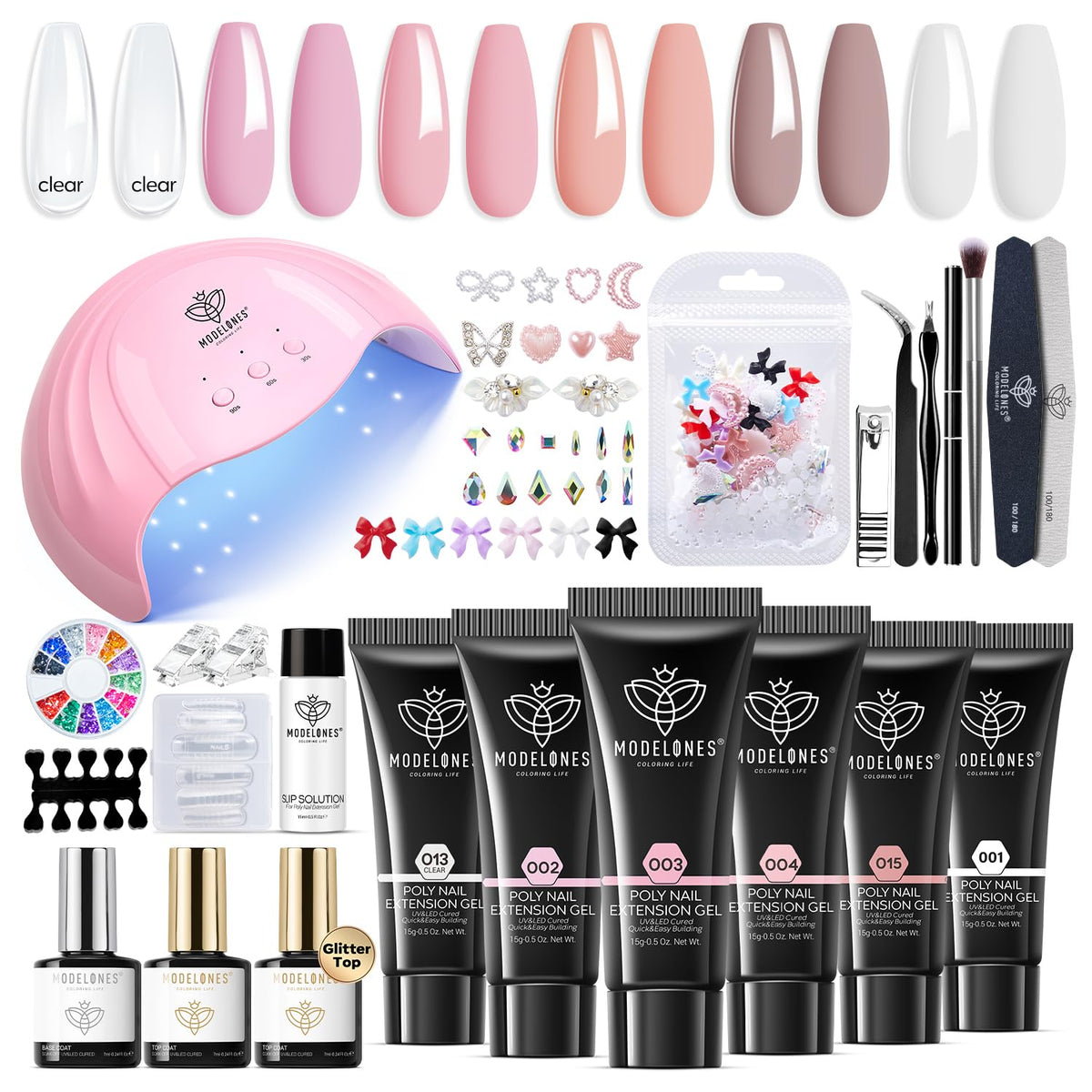 Modelones kit poligel seis colores para uñas duraderas y brillantes.