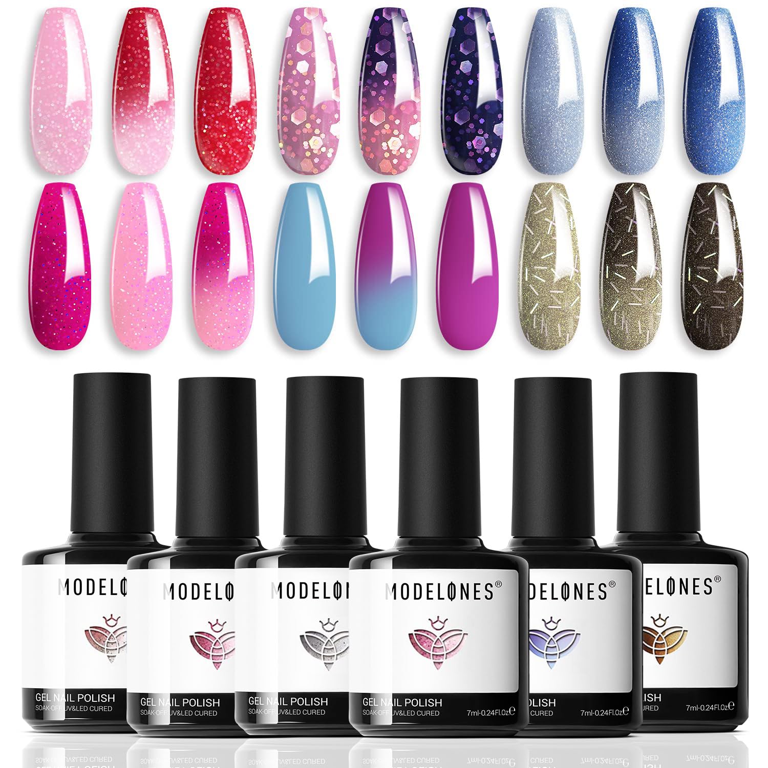 Modelones Mood Gel: laca gel con cambio de color en 6 tonos para uñas brillantes.