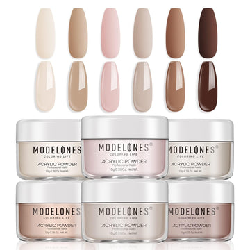 Modelones nude acrylic powder collection swatches showing six versatile nude tones for nails.