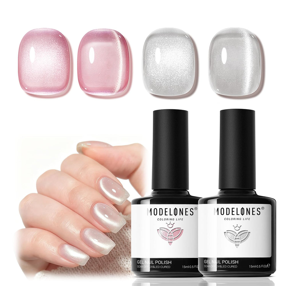 Modelones ojo de gato rosa magnético muestra un diseño único en uñas.
