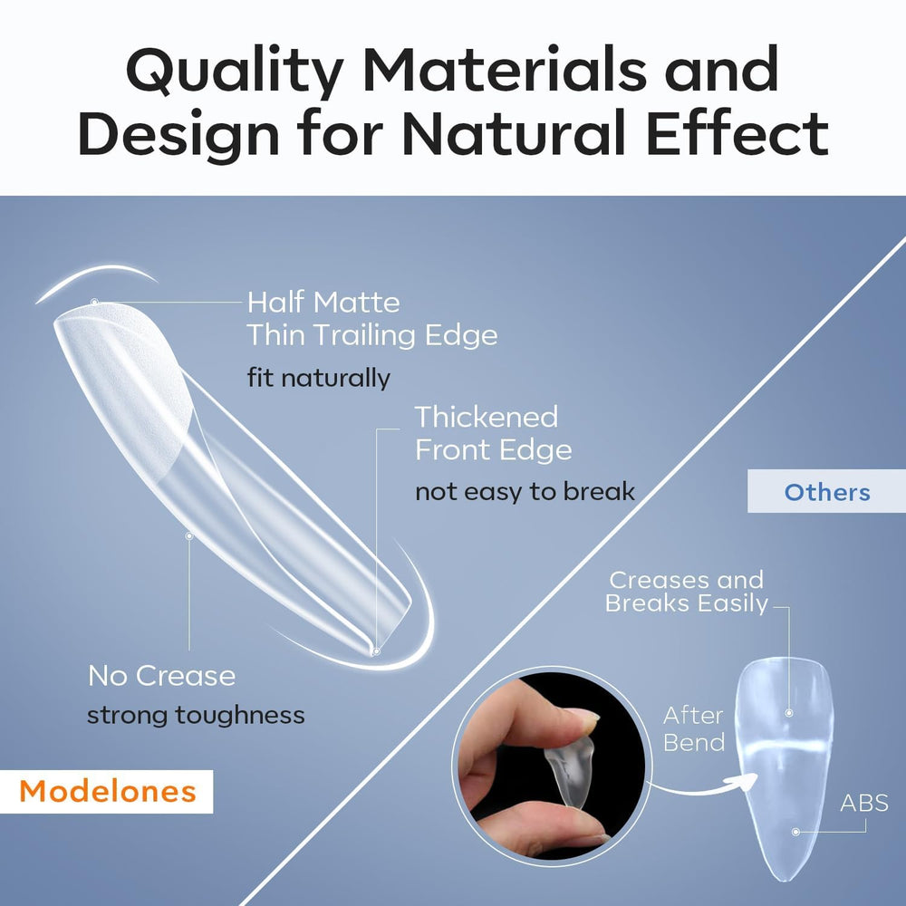 Modelones: puntas de uñas cortas cuadradas, pre-dimensionadas para aplicación rápida.
