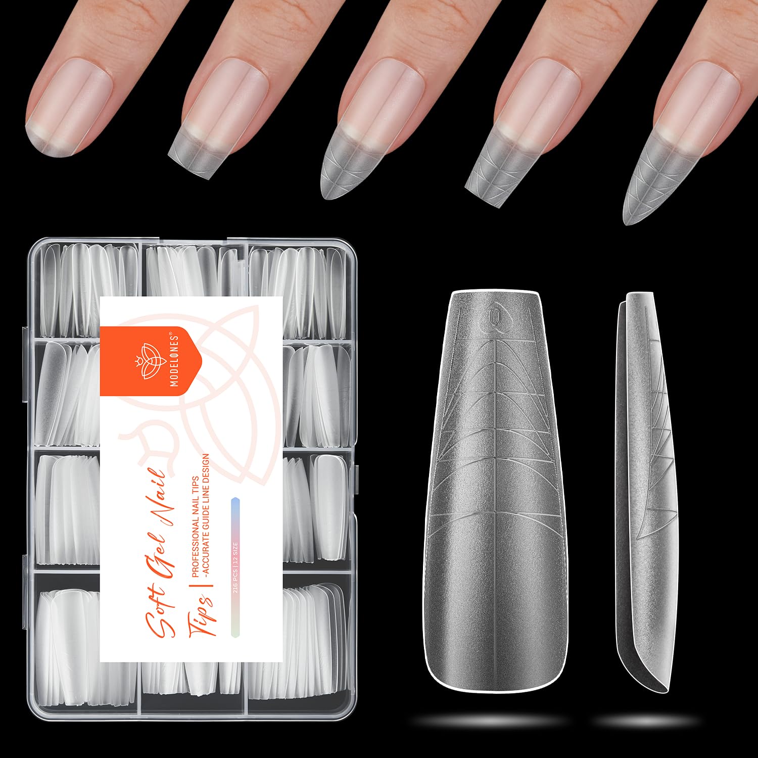 Modelones puntas uñas forma ataúd con guía central para ajuste preciso
