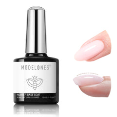Modelones base de gel de goma: el bote rosado nude muestra la base flexible ideal para uñas delicadas.