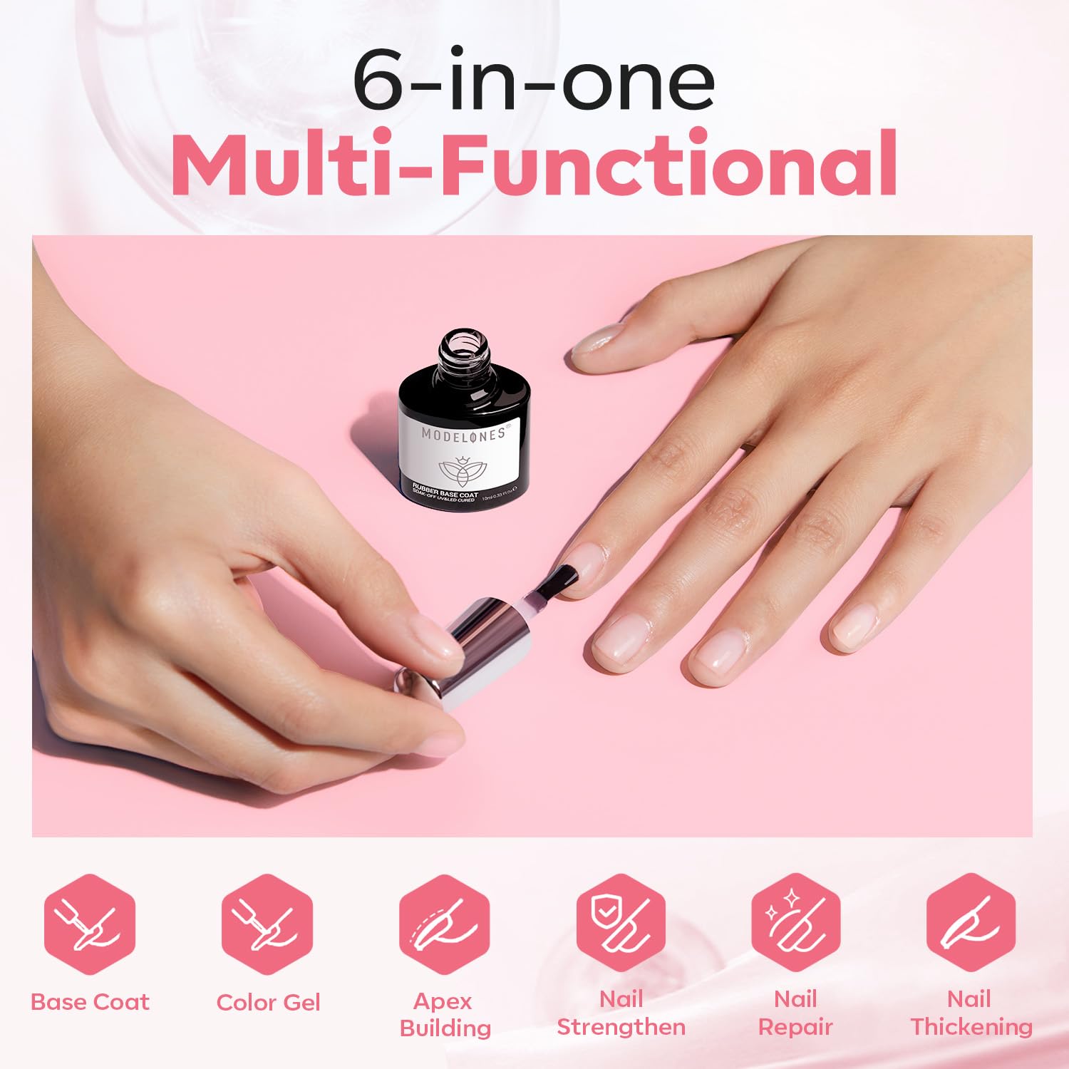 Modelones base de gel de goma: curvatura natural que realza la forma de la uña.