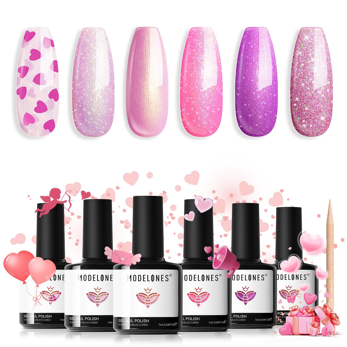 Modelones set gel uñas con 6 colores rosa purpurina para arte de uñas.