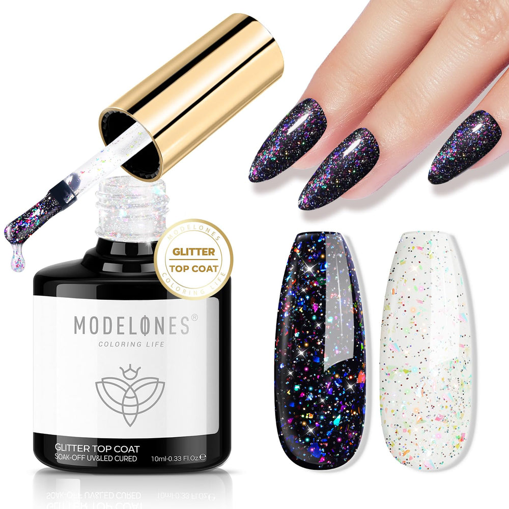 Modelones top coat gel confeti arcoiris para brillo festivo en uñas