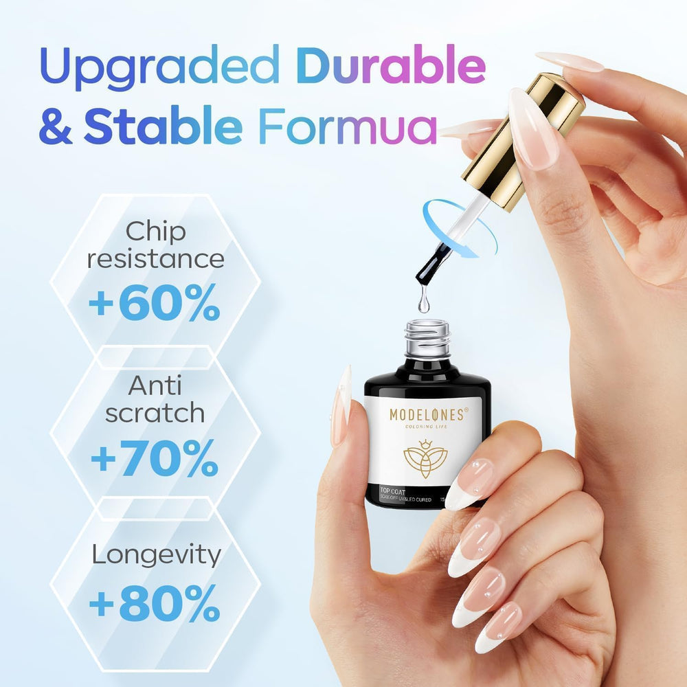 Modelones top coat no amarillea: mantiene la claridad de las uñas.