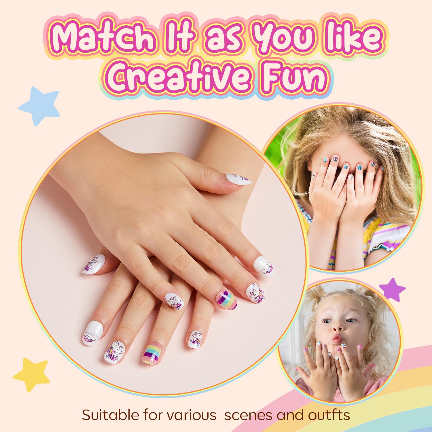 Modelones uñas brillantes con purpurina para niñas, estilo alegre.