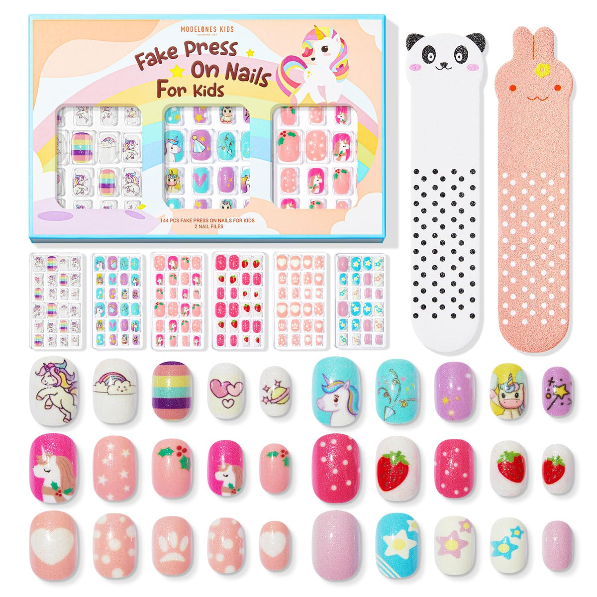 Modelones uñas falsas para niñas, 144 piezas, diversidad de estilos para decorar.