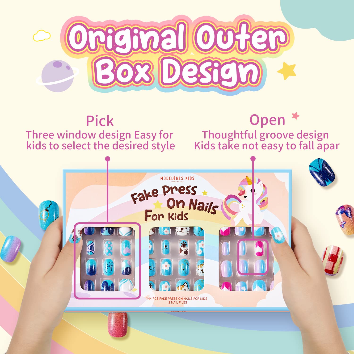Modelones uñas infantiles con brillos coloridos para juego creativo