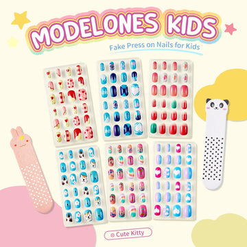Modelones uñas infantiles con diseño de gato para fiestas y juegos